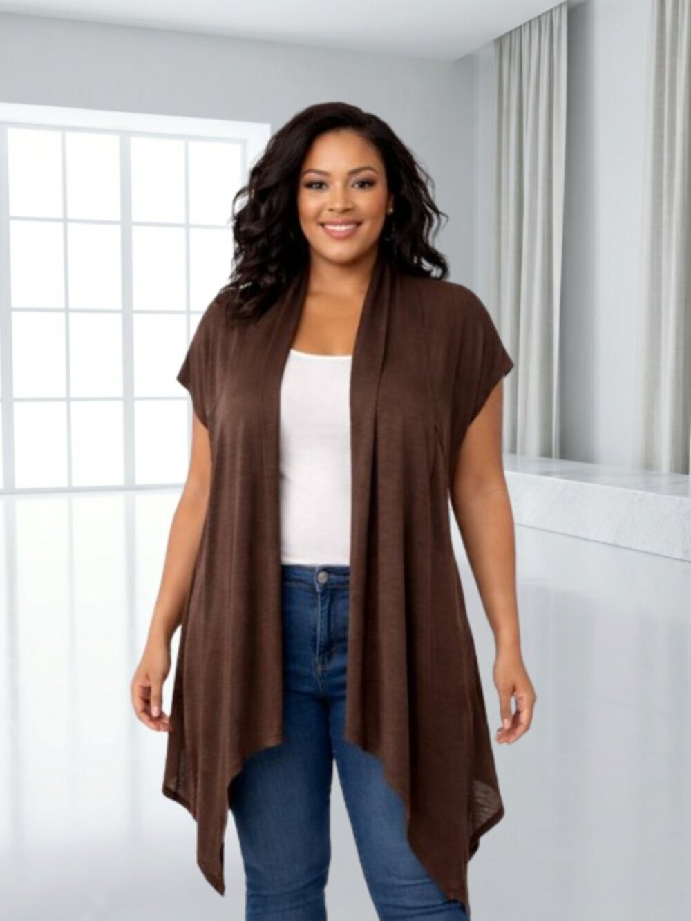 BCX Brown Rayon Lightweight Cardigan NWT Large Dipped Hem Boho Minimalist